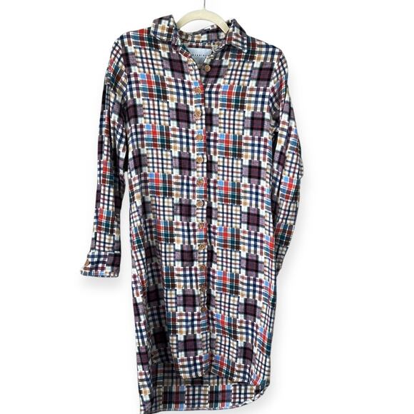 The Shirt by Rochelle Behrens Plaid Shirtdress Cognac Blue Size XS Comfy - Picture 3 of 8